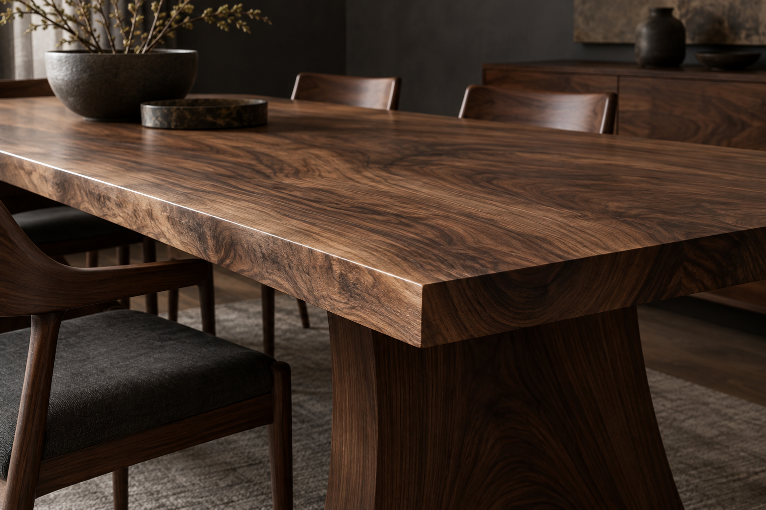 Concept image of a richly grained walnut dining table
